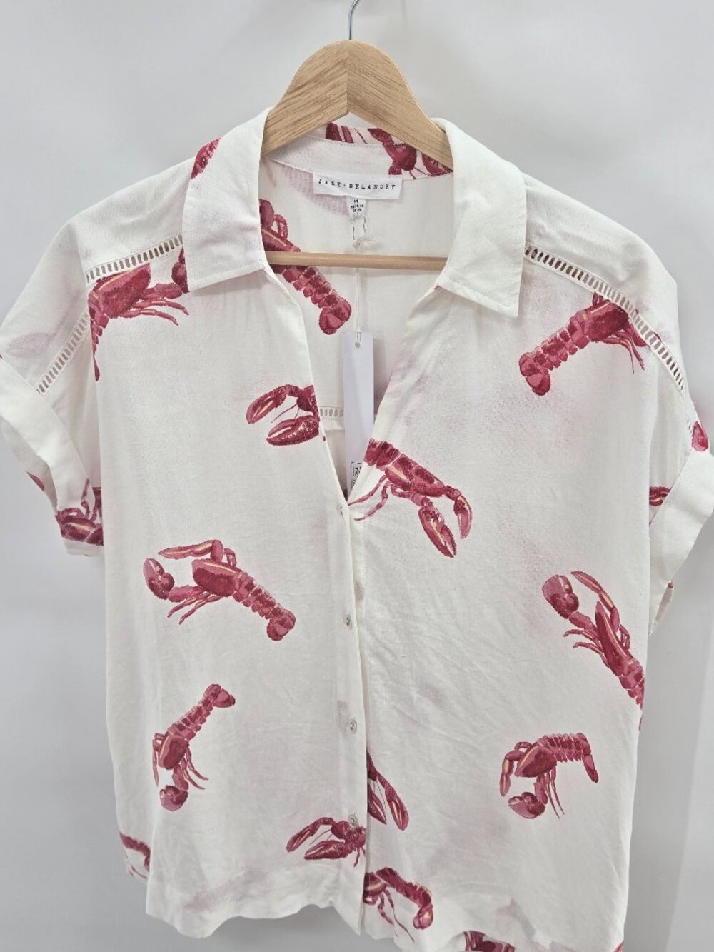 Jane And Delancey White Red Linen Blend Lobster Print Button Down Shirt Medium